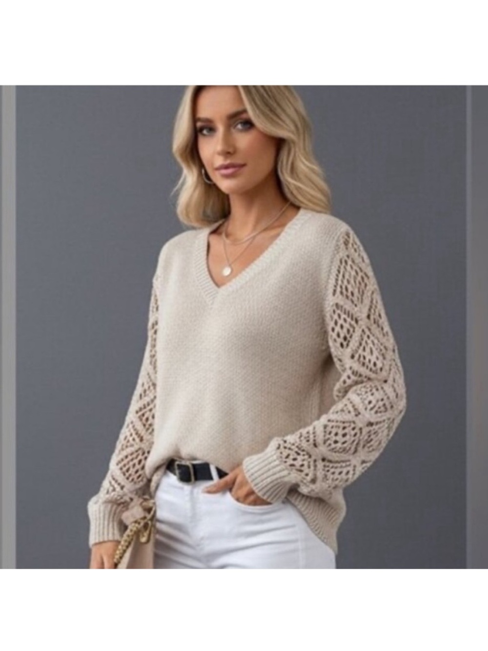 INDUSTRY V-neck Oatmeal Sweater with Crochet Sleeves Size XS NWT
